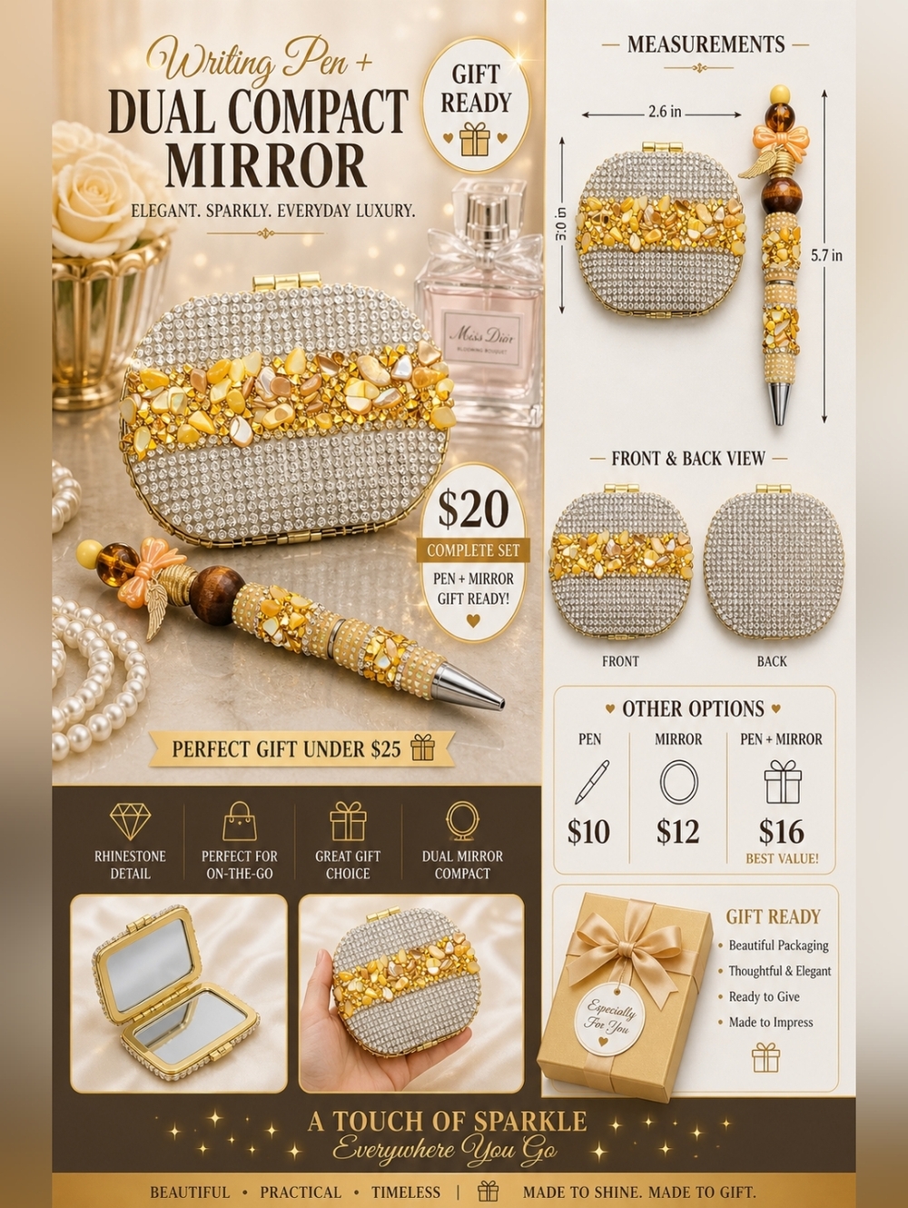 Jeweled Pen + Dual Mirror Compact Sparkly Rhinestone Gift Set Elegant Bling